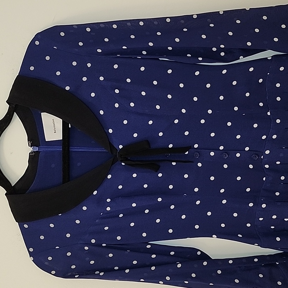 Reformation Tamia Mini dress navy Danube polkadot pattern black collar Sz 0 - Picture 6 of 16